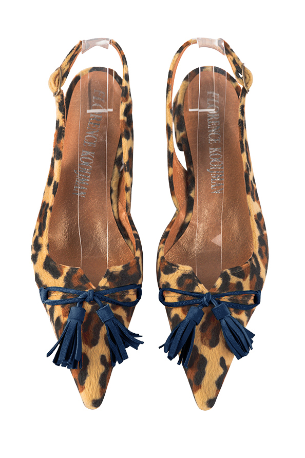 Safari black and navy blue women's open back shoes, with a knot. Pointed toe. Flat flare heels. Top view - Florence KOOIJMAN